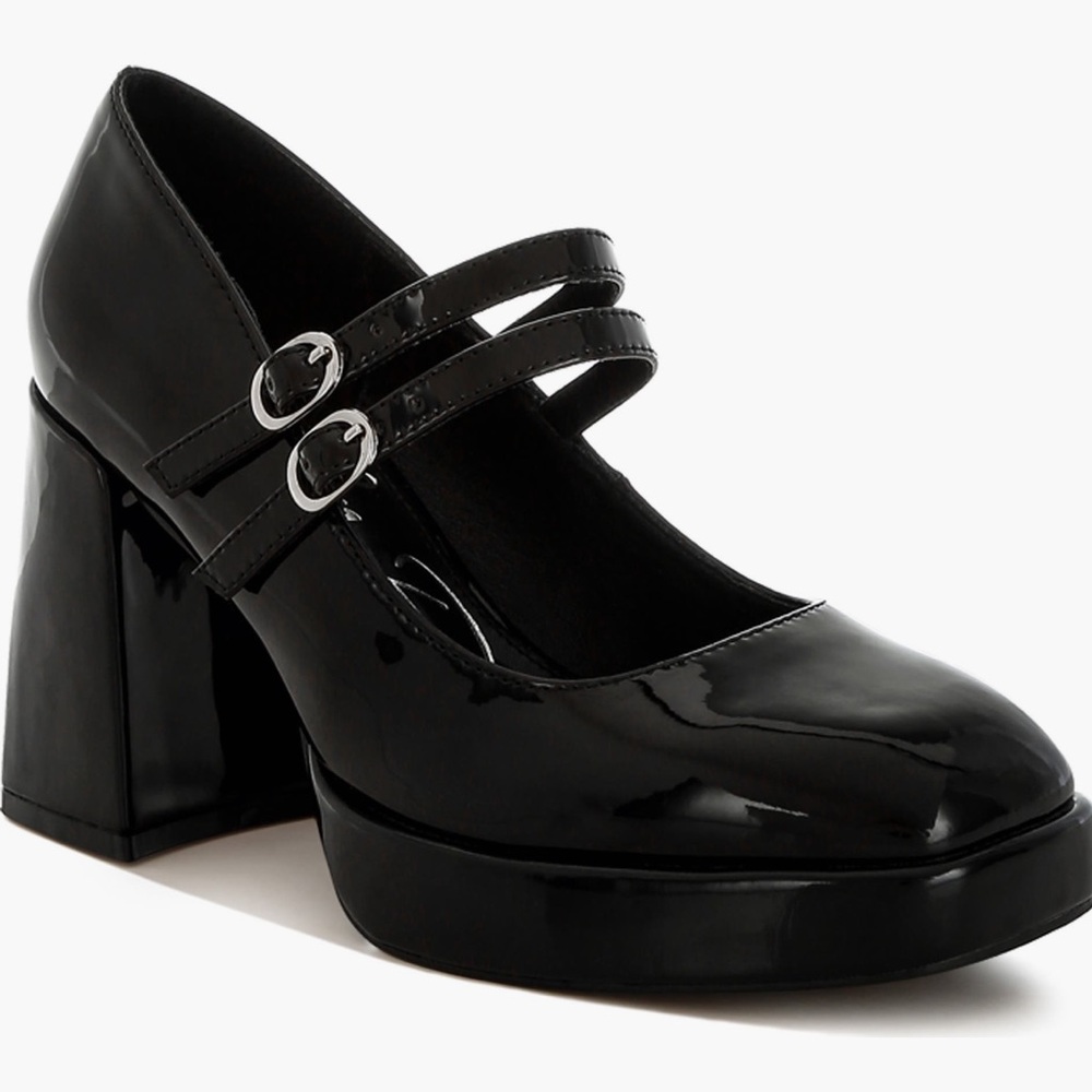Patent Black Mary Jane Platform Pumps with Double Straps